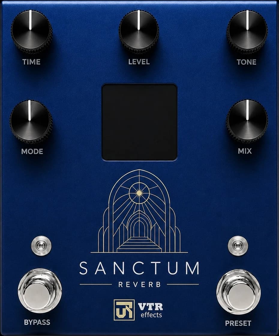 VTR Effects Sanctum Reverb pedal in blue, its display showing the REV A and REV B engines
