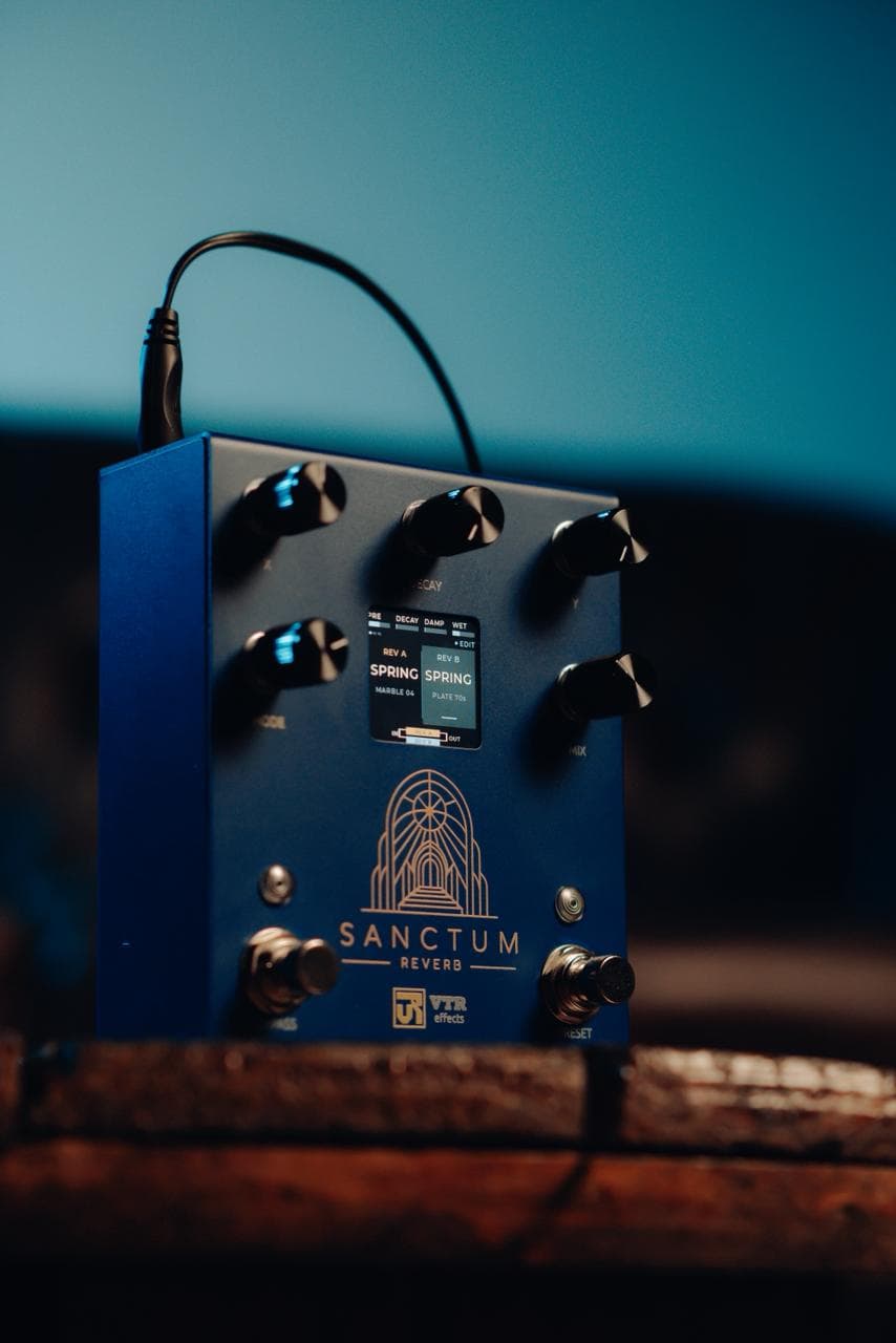 Sanctum Reverb at an angle, showing the gold cathedral engraving on the enclosure